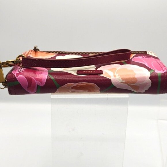 Fossil Leather Continental Wristlet Wallet Burgundy & Pink Florals - Picture 5 of 7